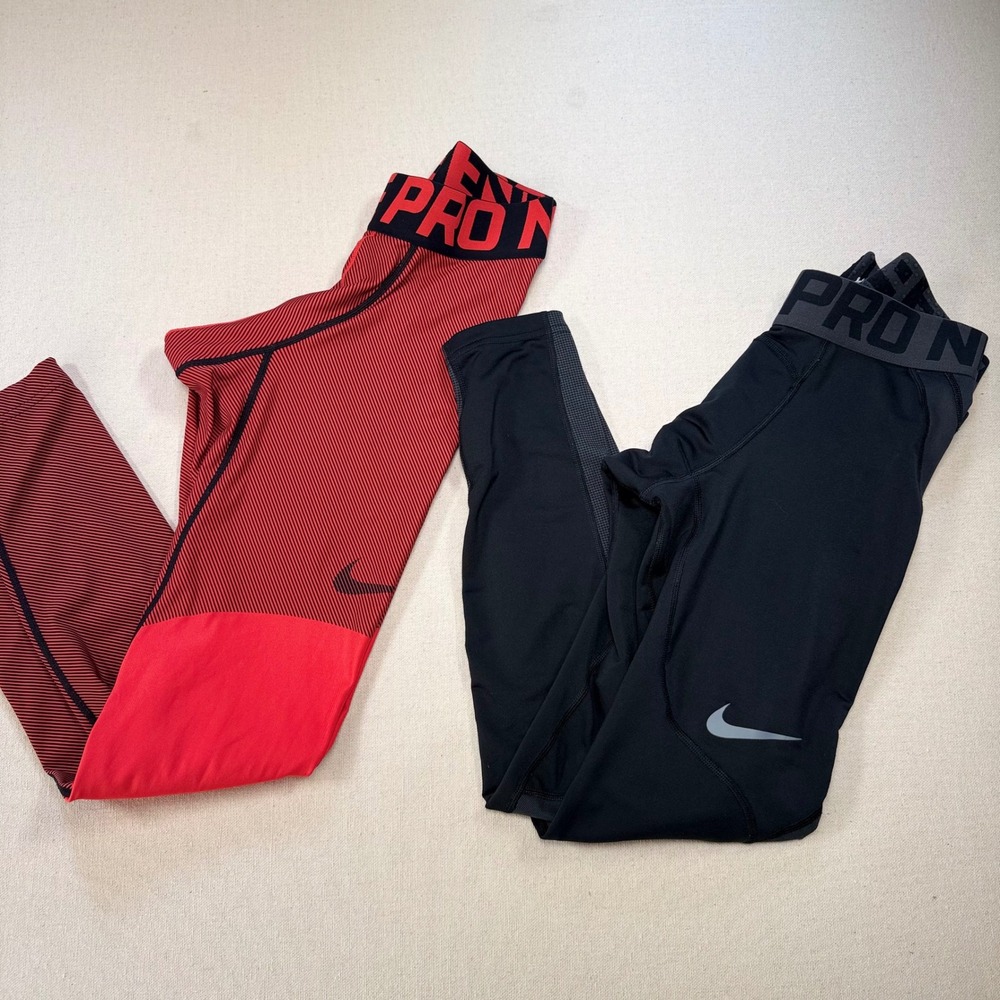 Nike Pro Compression Leggings 2-Lot Medium Red Black Hyperwarm Tights Size M